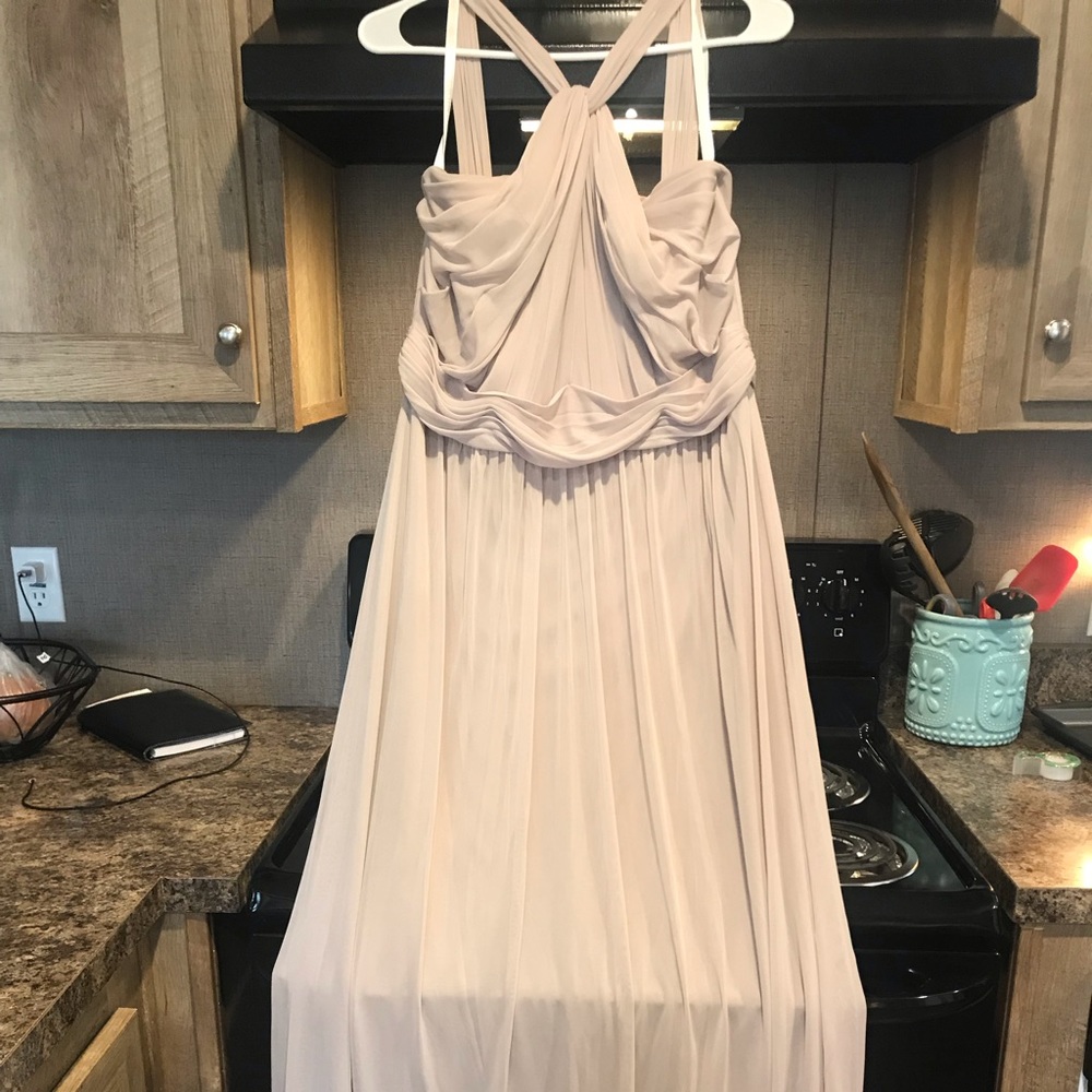 Long flowy bridesmaid dress in color Biscotti